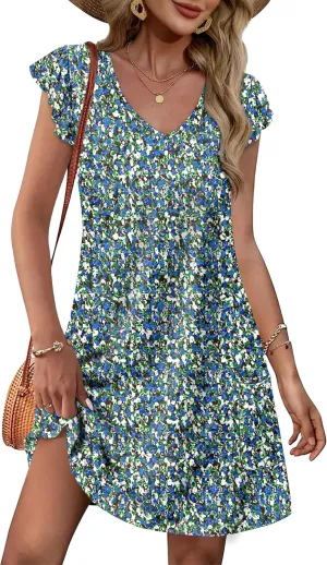 OFEEFAN Womens Summer Dresses 2025 Ruffle Sleeve V Neck Loose Swing Sundresses with Pockets Plain/Print
