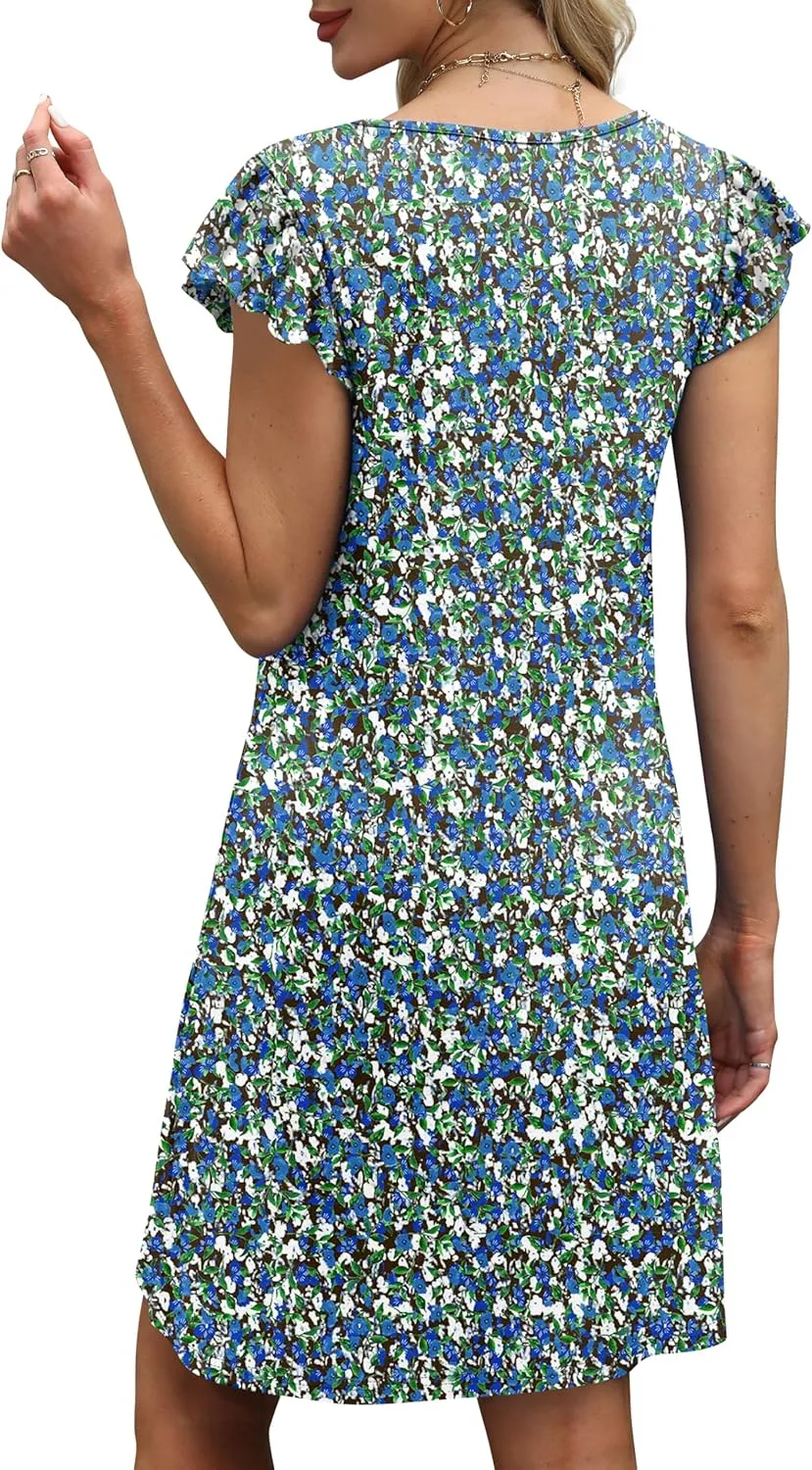 OFEEFAN Womens Summer Dresses 2025 Ruffle Sleeve V Neck Loose Swing Sundresses with Pockets Plain/Print