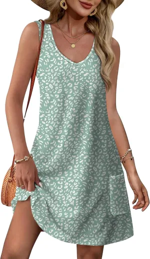 OFEEFAN Womens Summer Dresses 2025 V Neck Sleeveless Sundresses with Pockets Beach Vacation Clothes Floral/Plain