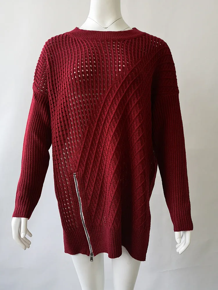 Off Shoulder Zipper Loose Irregular Pur Color Sweater