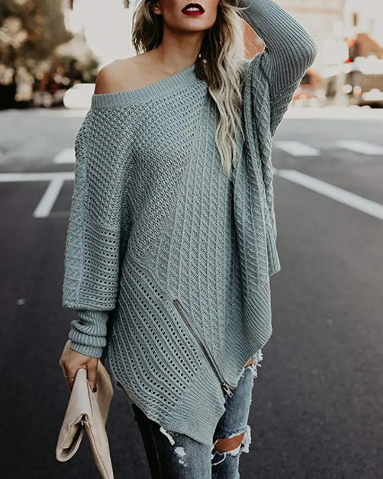 Off Shoulder Zipper Loose Irregular Pur Color Sweater