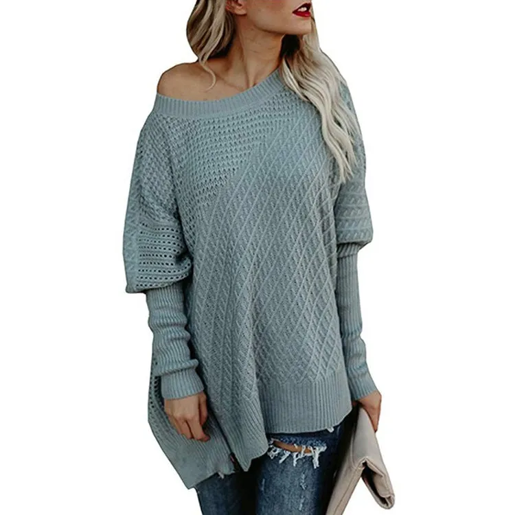 Off Shoulder Zipper Loose Irregular Pur Color Sweater
