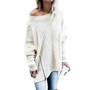 Off Shoulder Zipper Loose Irregular Pur Color Sweater