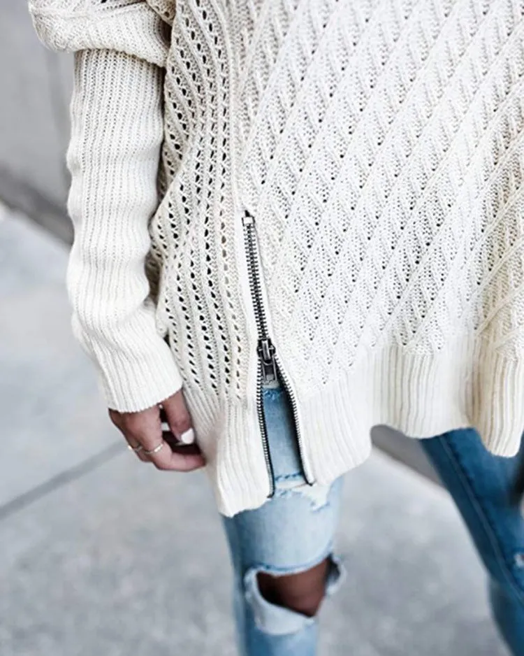 Off Shoulder Zipper Loose Irregular Pur Color Sweater