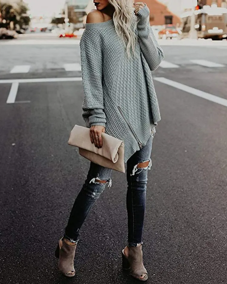 Off Shoulder Zipper Loose Irregular Pur Color Sweater