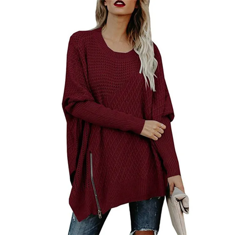 Off Shoulder Zipper Loose Irregular Pur Color Sweater