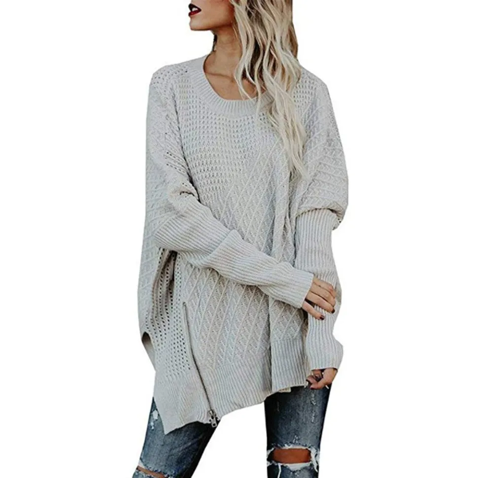 Off Shoulder Zipper Loose Irregular Pur Color Sweater