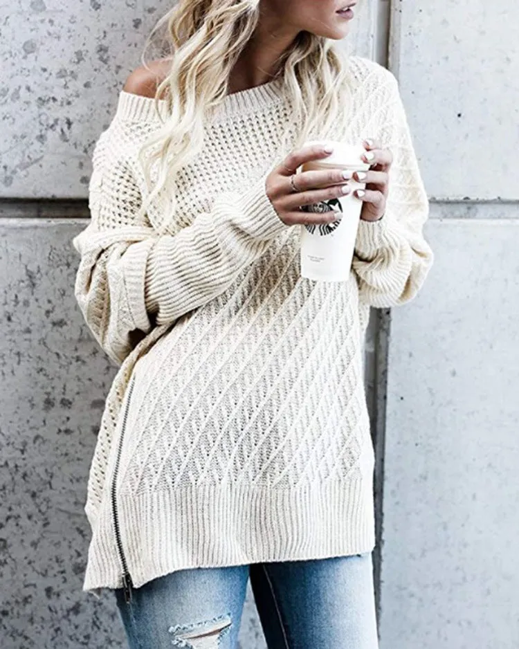 Off Shoulder Zipper Loose Irregular Pur Color Sweater