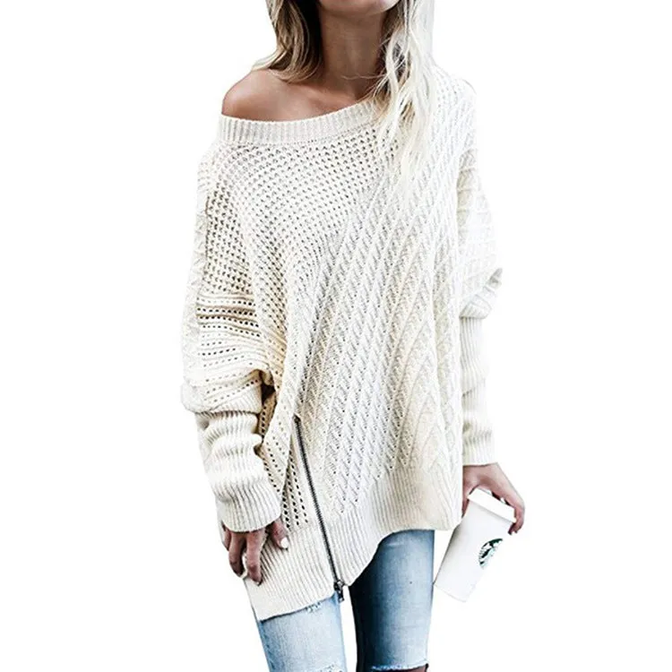 Off Shoulder Zipper Loose Irregular Pur Color Sweater