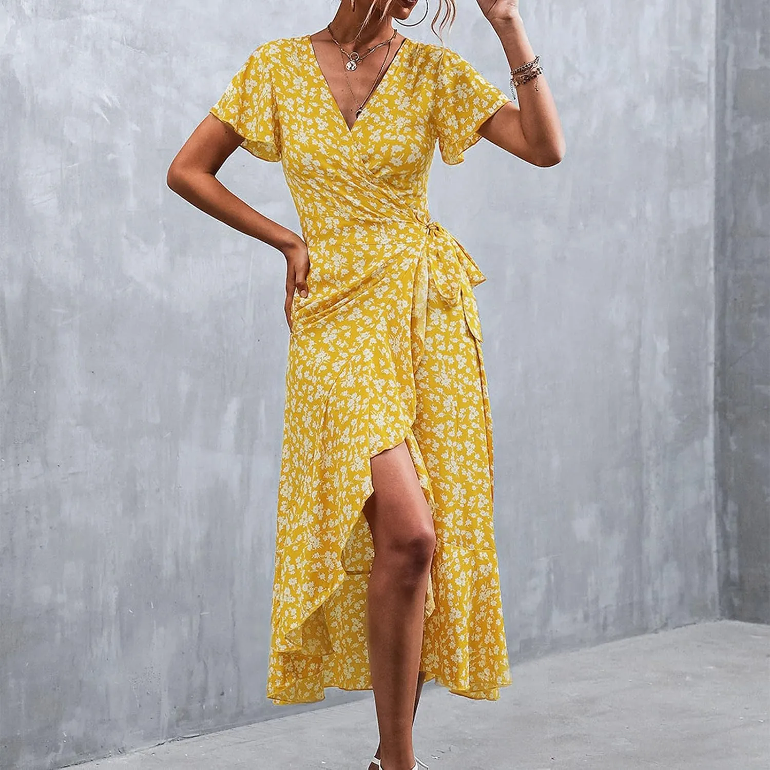 Ollysqiar Dresses Women's 2023 Floral Summer Dress Wrap V Neck Short Sleeve Belted Ruffle Hem A-Line Bohemian Dresses A02 96