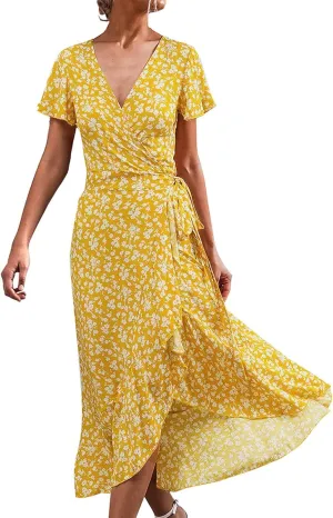 Ollysqiar Dresses Women's 2023 Floral Summer Dress Wrap V Neck Short Sleeve Belted Ruffle Hem A-Line Bohemian Dresses A02 96