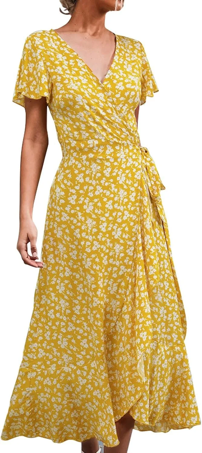 Ollysqiar Dresses Women's 2023 Floral Summer Dress Wrap V Neck Short Sleeve Belted Ruffle Hem A-Line Bohemian Dresses A02 96