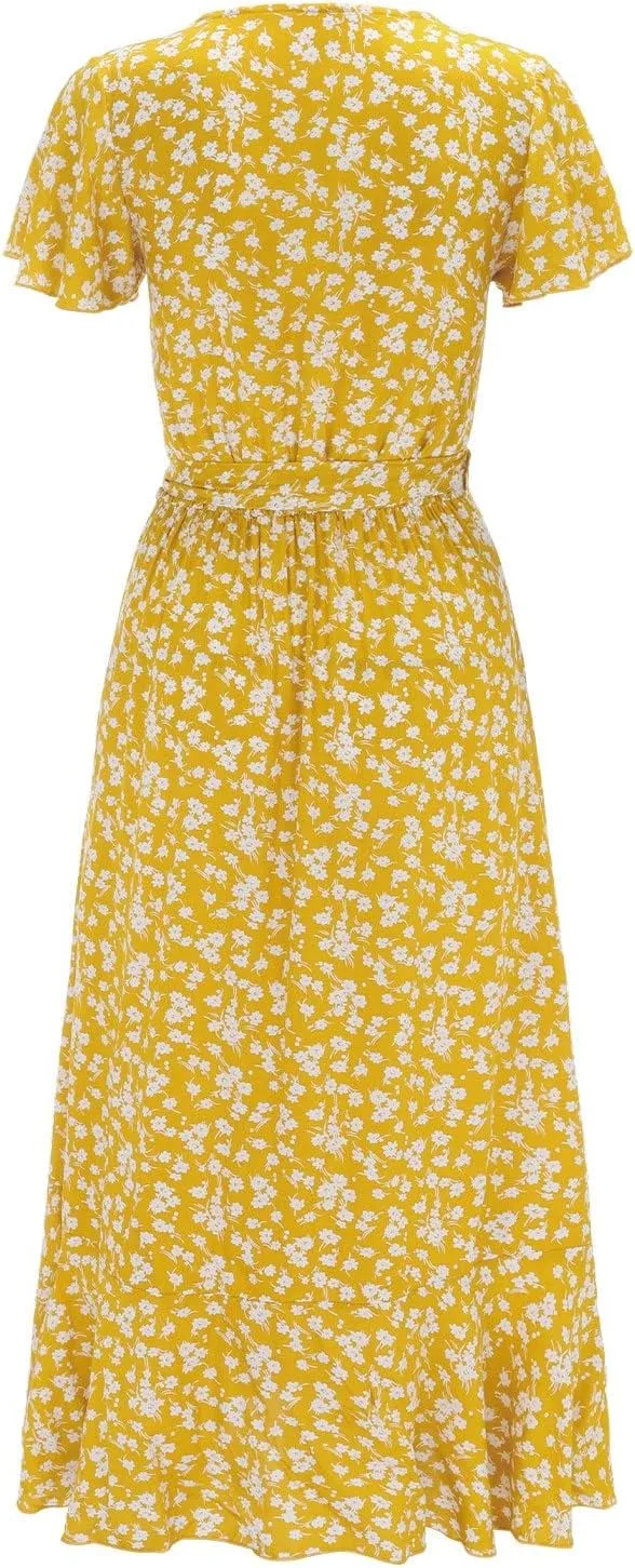 Ollysqiar Dresses Women's 2023 Floral Summer Dress Wrap V Neck Short Sleeve Belted Ruffle Hem A-Line Bohemian Dresses A02 96