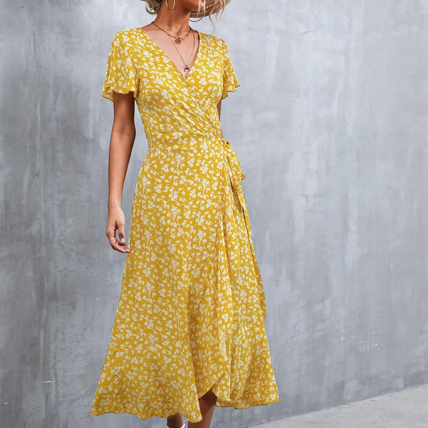 Ollysqiar Dresses Women's 2023 Floral Summer Dress Wrap V Neck Short Sleeve Belted Ruffle Hem A-Line Bohemian Dresses A02 96