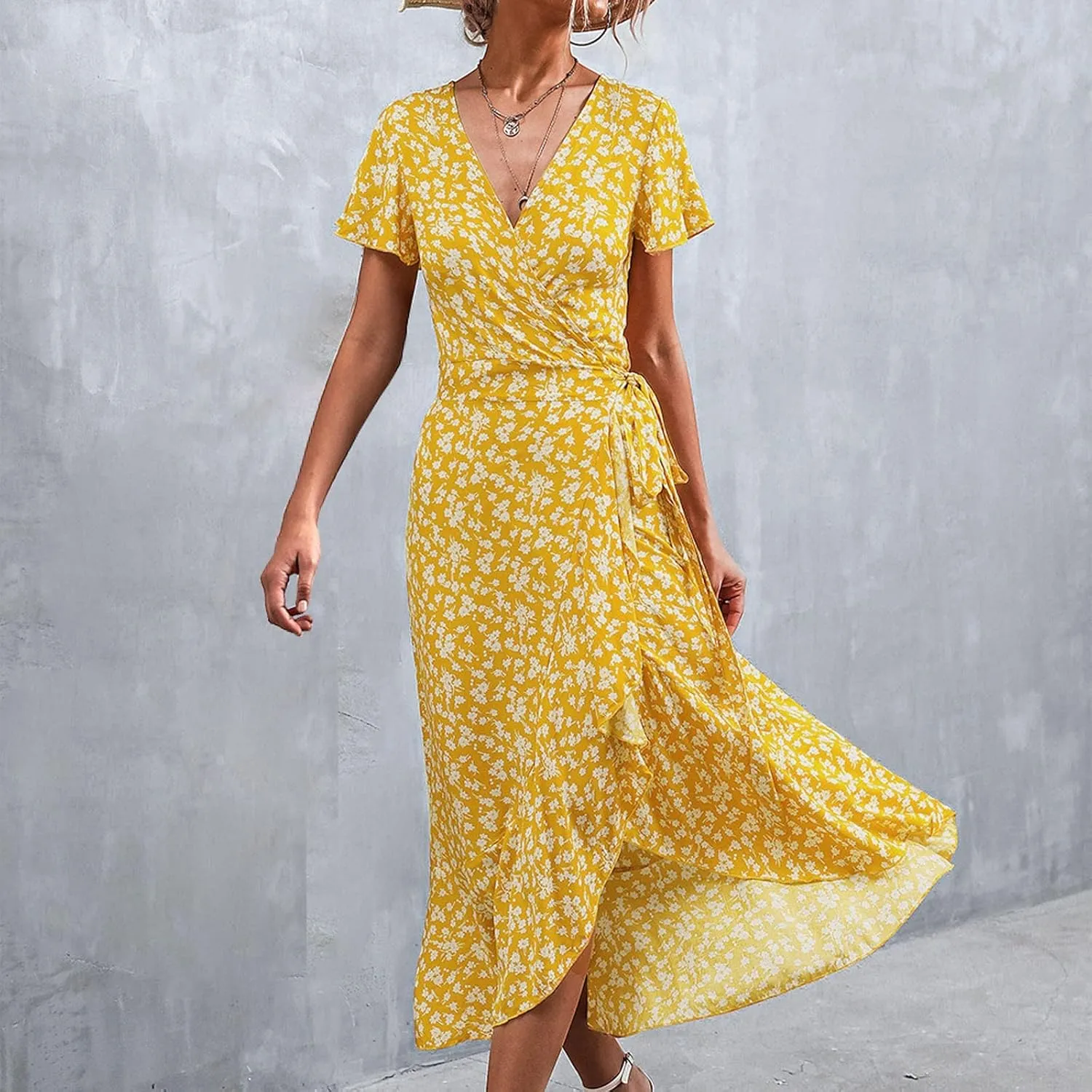 Ollysqiar Dresses Women's 2023 Floral Summer Dress Wrap V Neck Short Sleeve Belted Ruffle Hem A-Line Bohemian Dresses A02 96