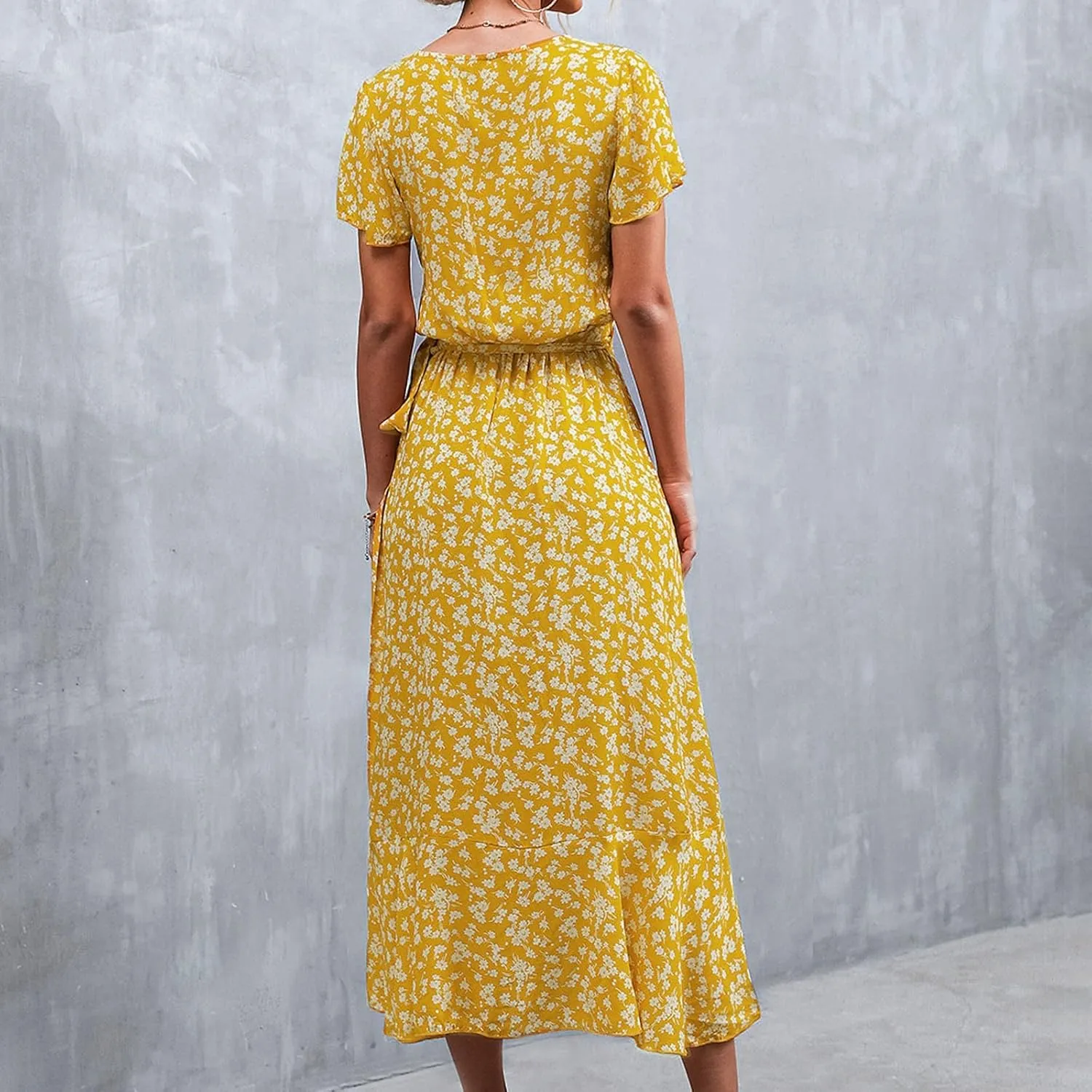 Ollysqiar Dresses Women's 2023 Floral Summer Dress Wrap V Neck Short Sleeve Belted Ruffle Hem A-Line Bohemian Dresses A02 96