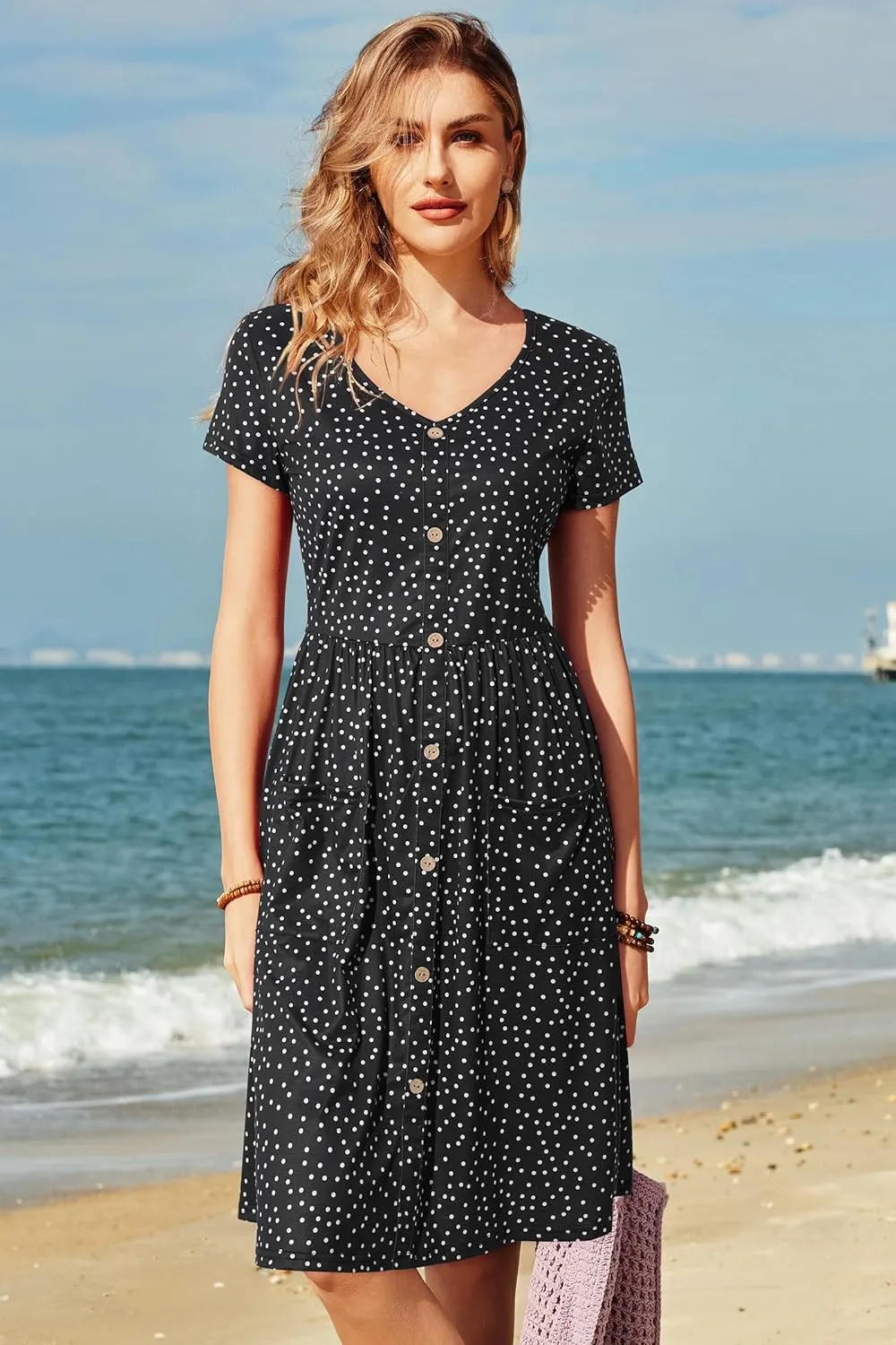 OUGES Women's V Neck Button Down Skater Dress with Pockets