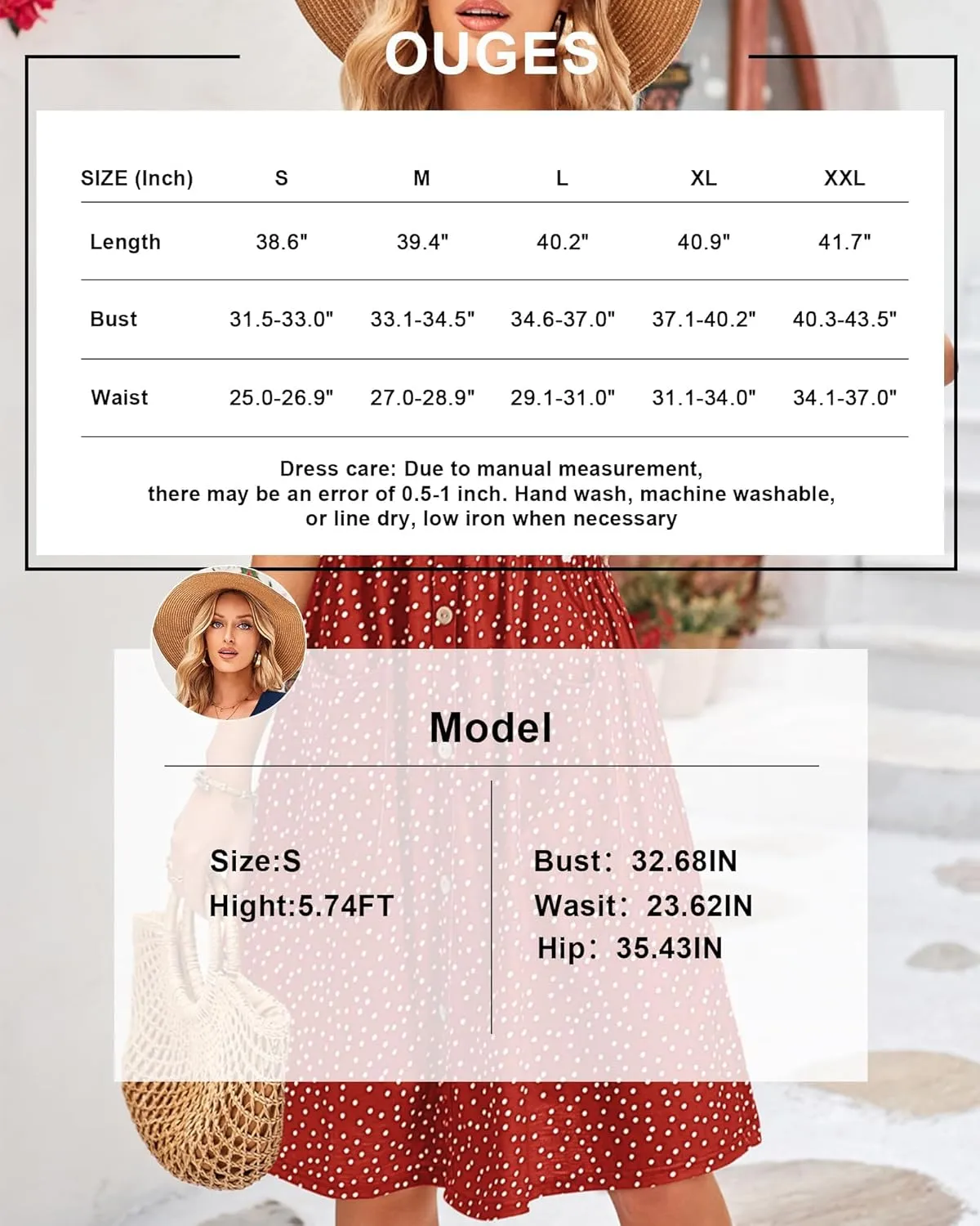 OUGES Women's V Neck Button Down Skater Dress with Pockets