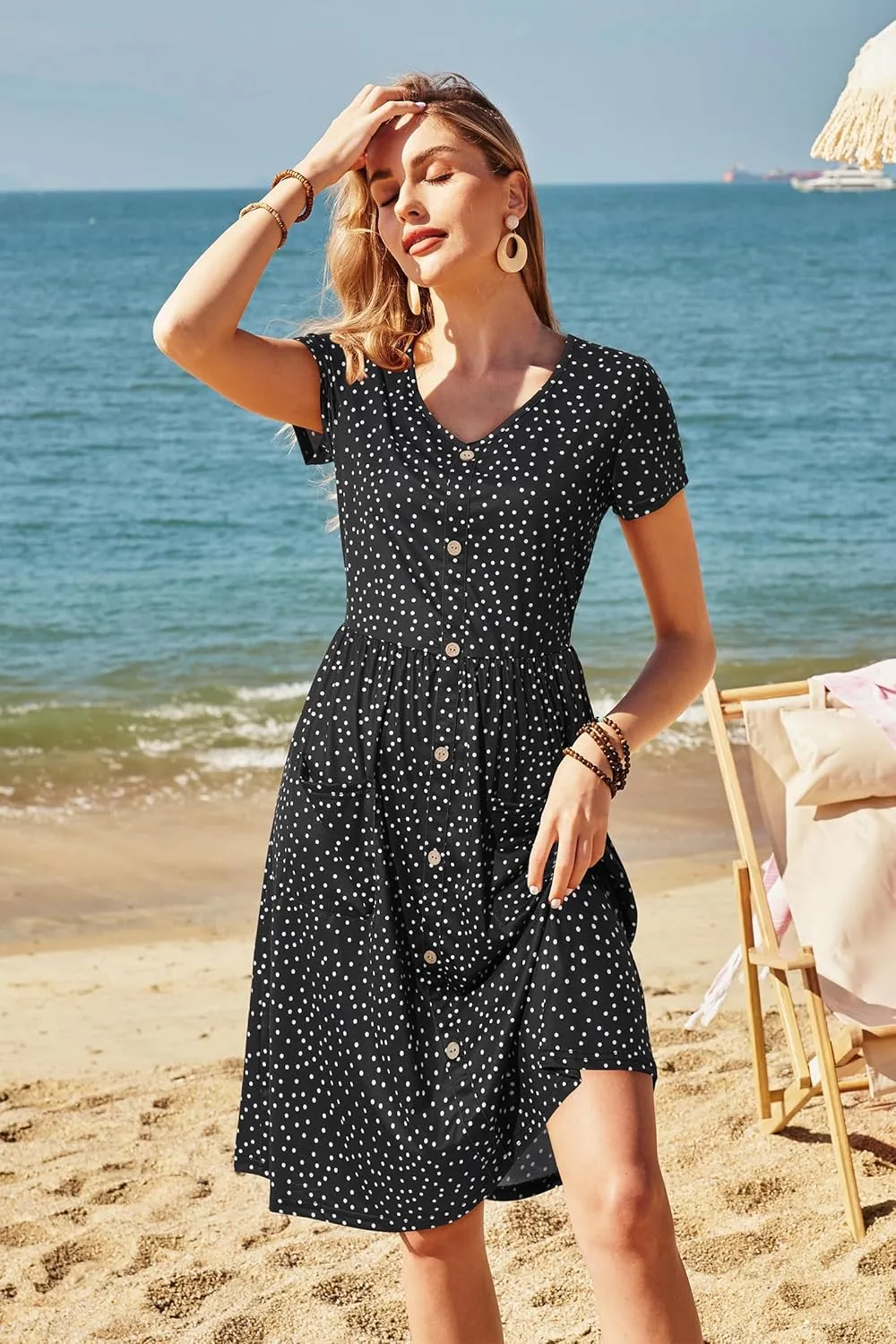 OUGES Women's V Neck Button Down Skater Dress with Pockets