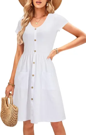 OUGES Women's V Neck Button Down Skater Dress with Pockets
