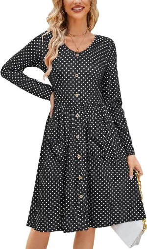 OUGES Women's V Neck Button Down Skater Dress with Pockets