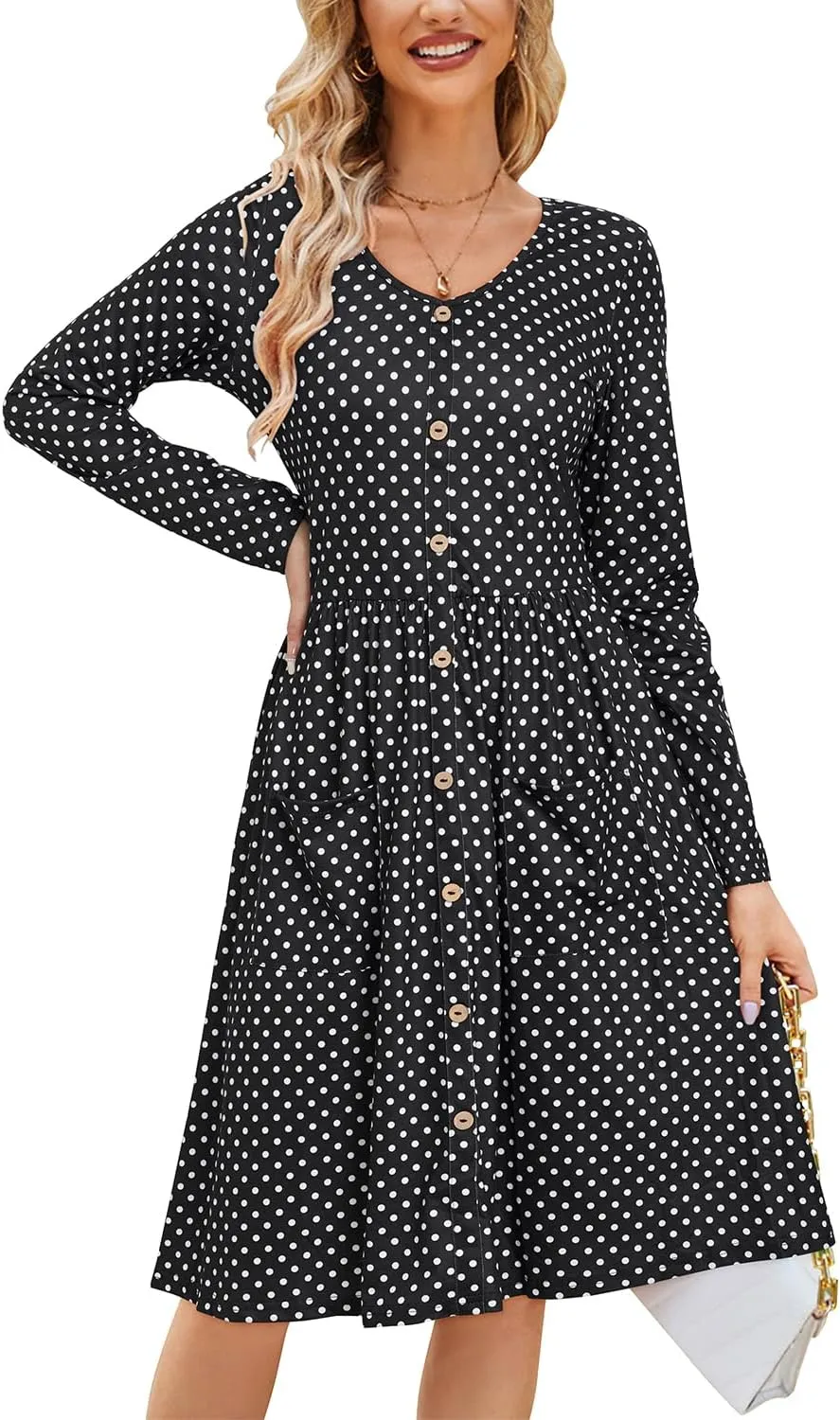 OUGES Women's V Neck Button Down Skater Dress with Pockets