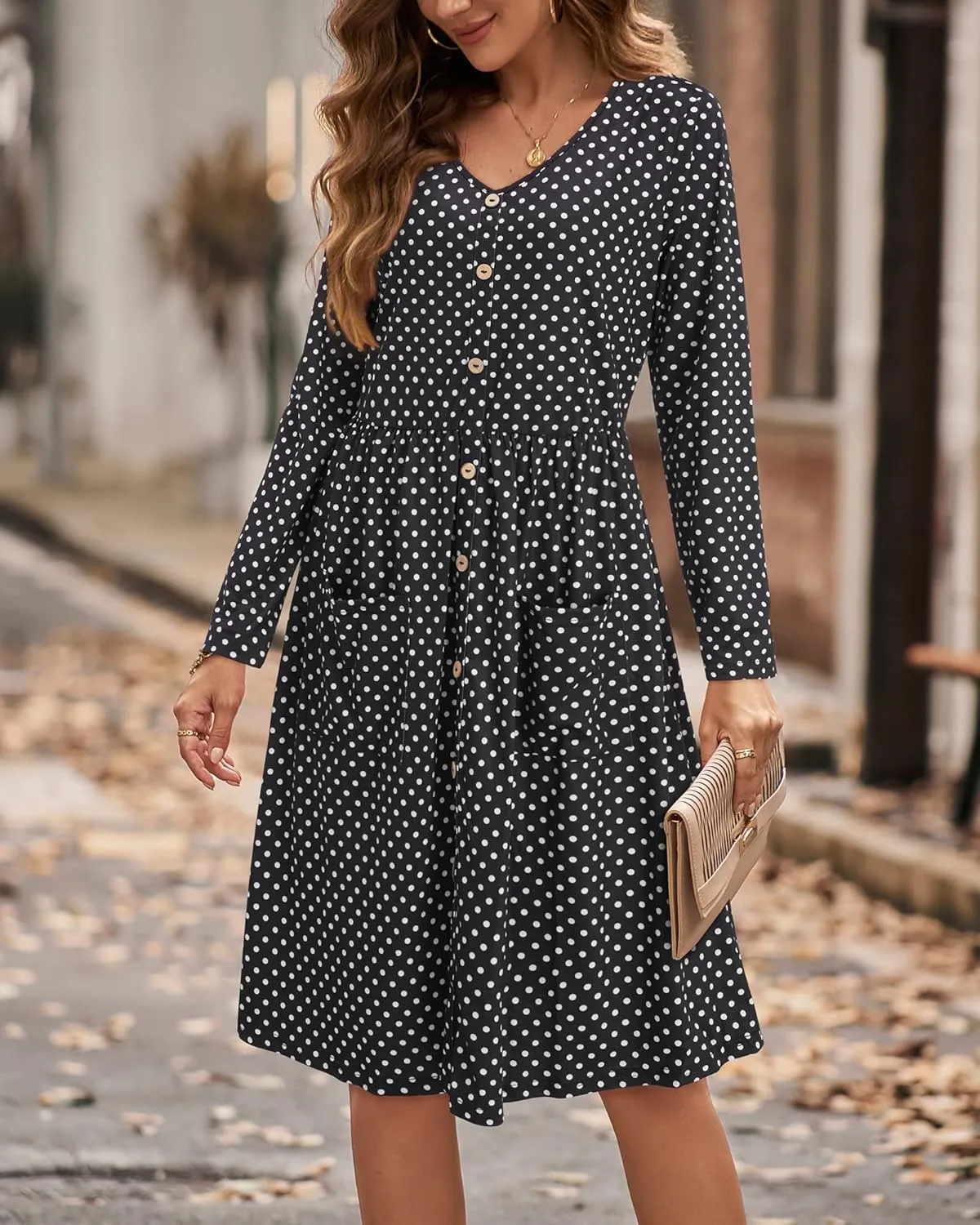 OUGES Women's V Neck Button Down Skater Dress with Pockets