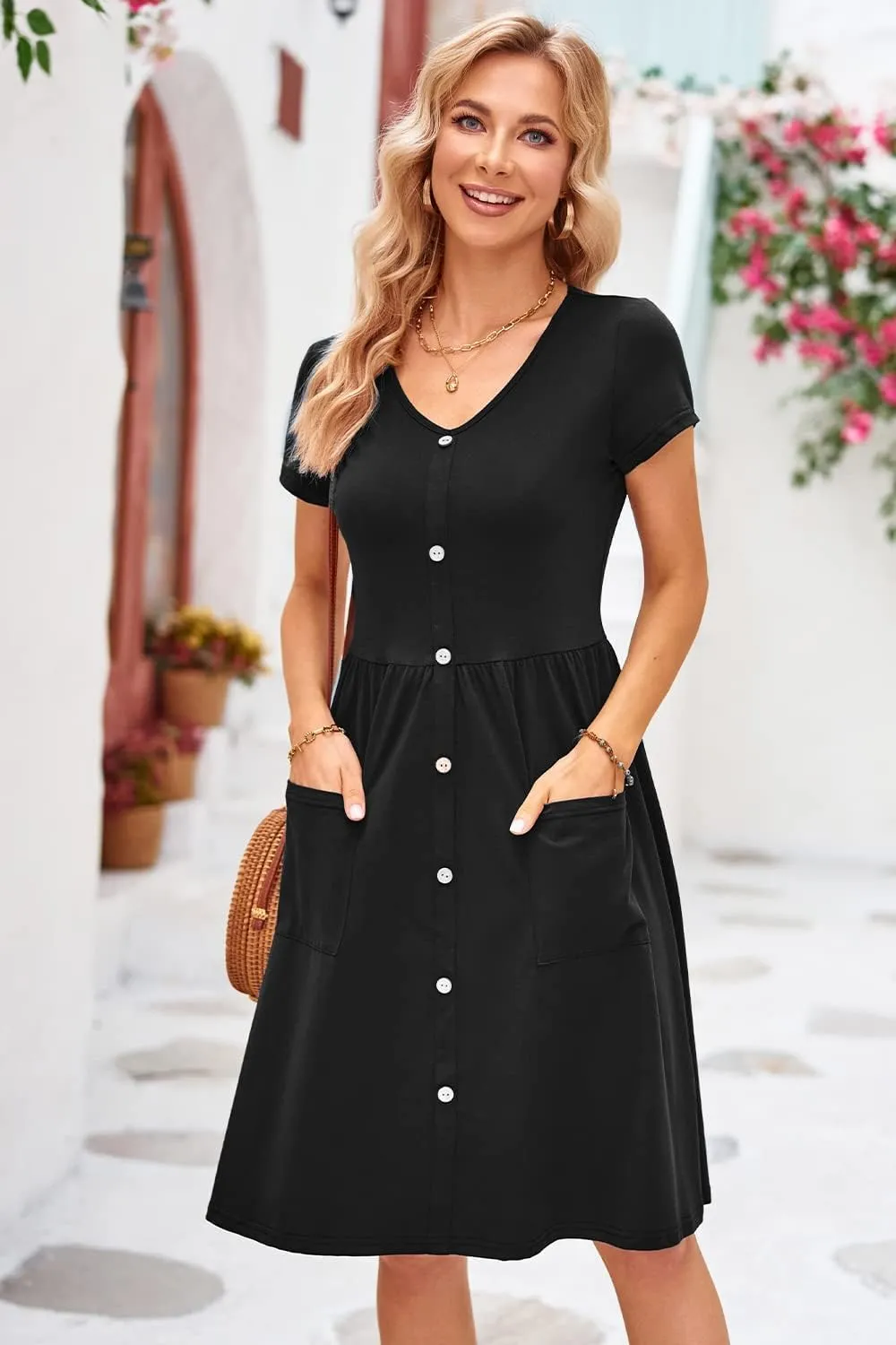 OUGES Women's V Neck Button Down Skater Dress with Pockets