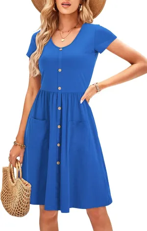 OUGES Women's V Neck Button Down Skater Dress with Pockets