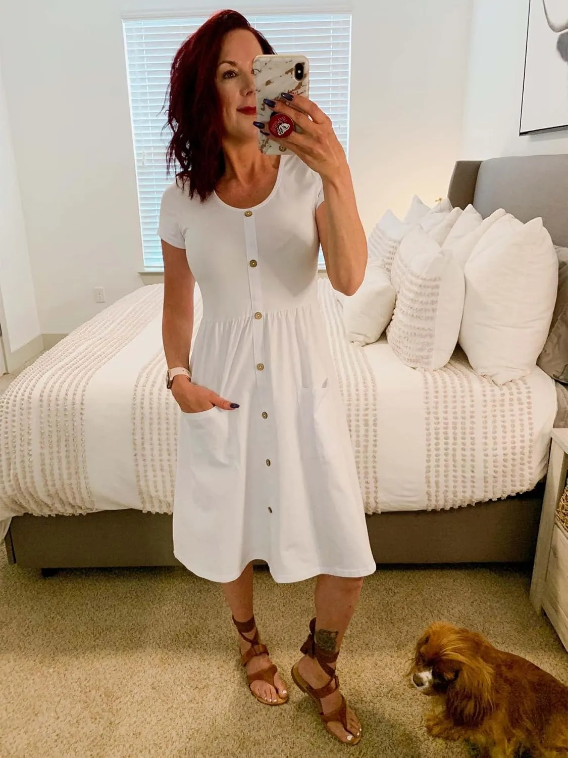 OUGES Women's V Neck Button Down Skater Dress with Pockets