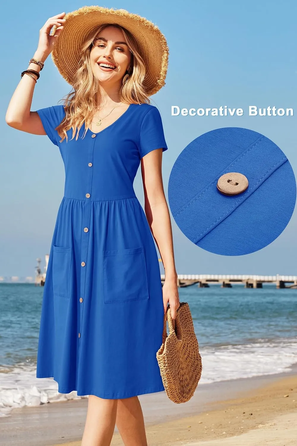 OUGES Women's V Neck Button Down Skater Dress with Pockets