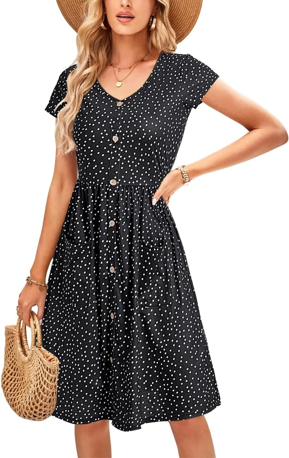 OUGES Women's V Neck Button Down Skater Dress with Pockets