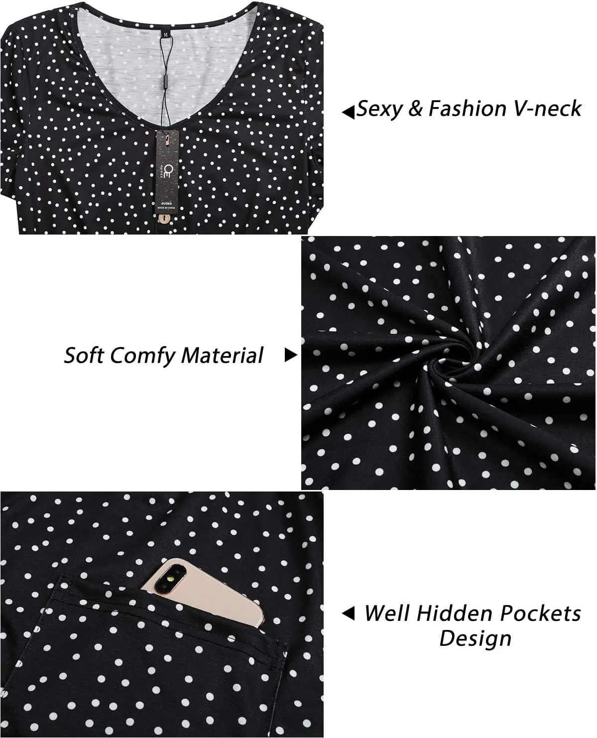 OUGES Women's V Neck Button Down Skater Dress with Pockets