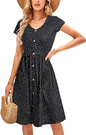 OUGES Women's V Neck Button Down Skater Dress with Pockets