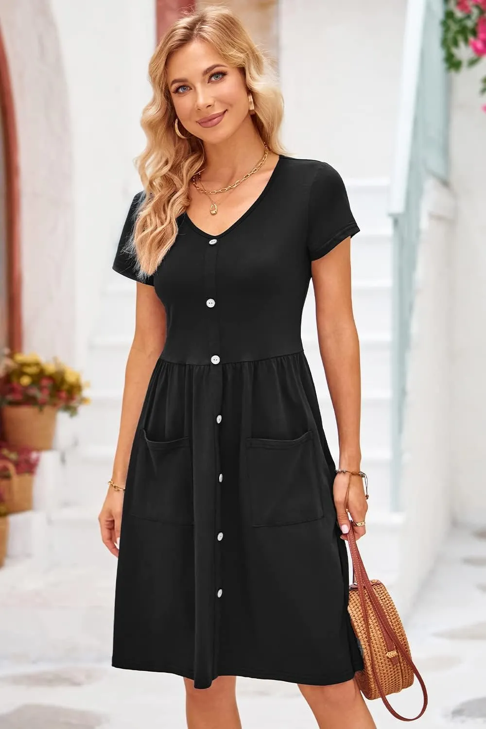 OUGES Women's V Neck Button Down Skater Dress with Pockets