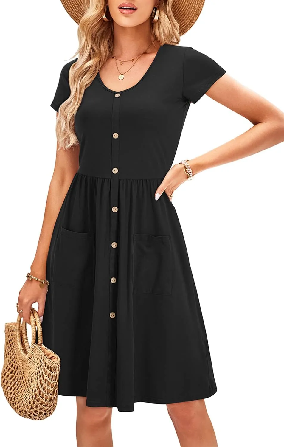 OUGES Women's V Neck Button Down Skater Dress with Pockets