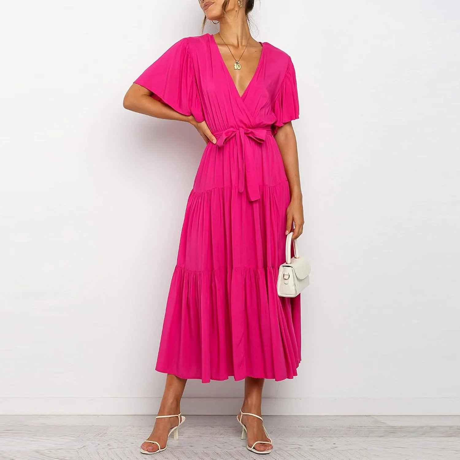Pleated Dress for Women Formal Summer Short Sleeve A Line Dresses Tiered V Neck Spring Boho Wedding Dress with Belt