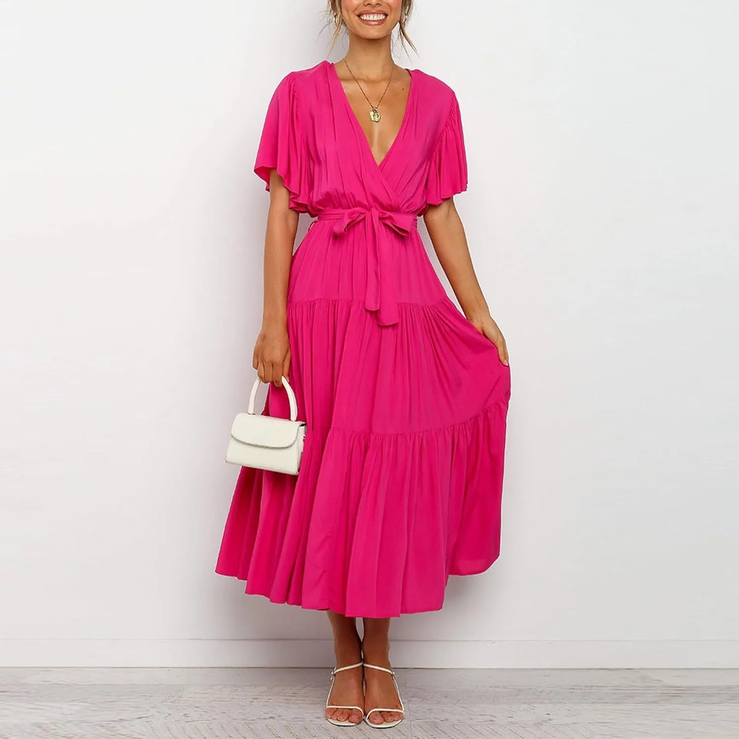 Pleated Dress for Women Formal Summer Short Sleeve A Line Dresses Tiered V Neck Spring Boho Wedding Dress with Belt