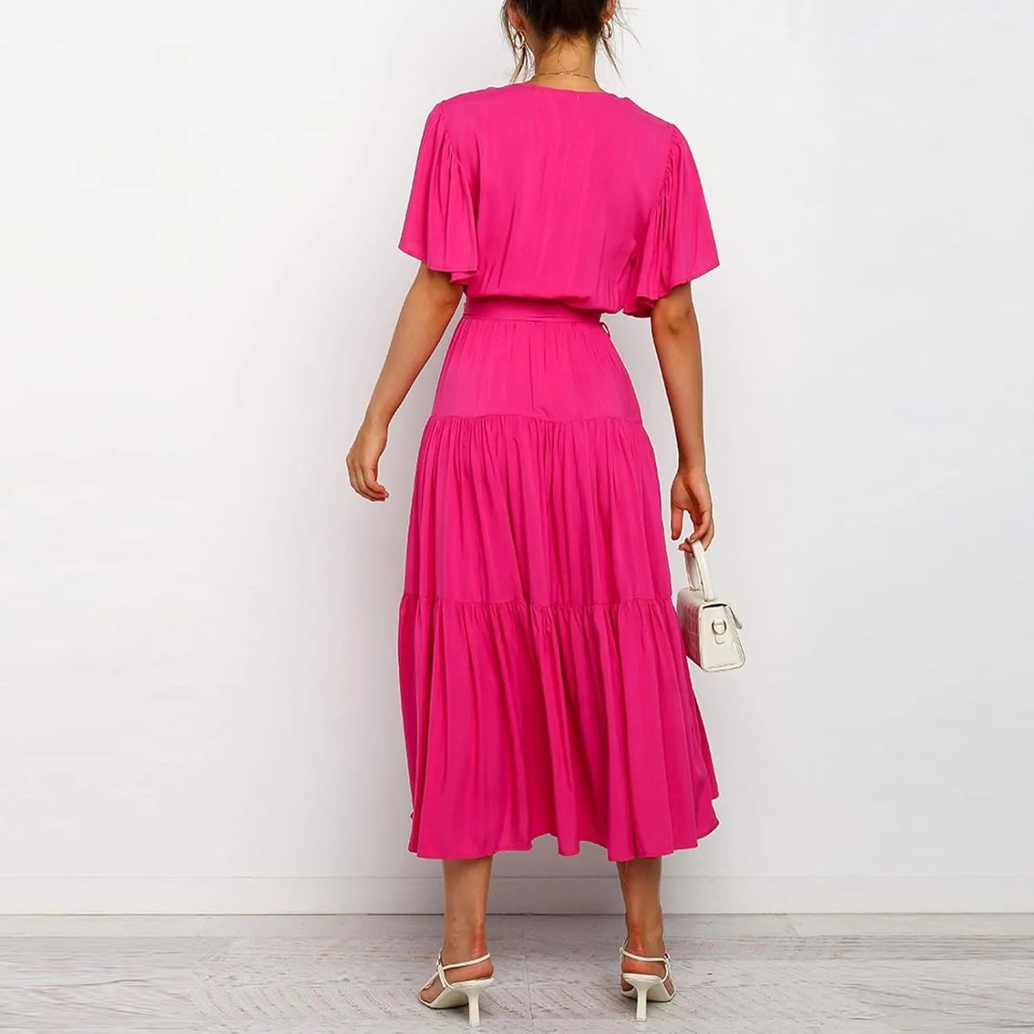 Pleated Dress for Women Formal Summer Short Sleeve A Line Dresses Tiered V Neck Spring Boho Wedding Dress with Belt