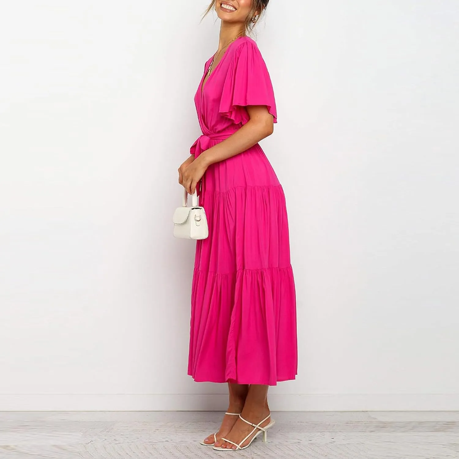 Pleated Dress for Women Formal Summer Short Sleeve A Line Dresses Tiered V Neck Spring Boho Wedding Dress with Belt