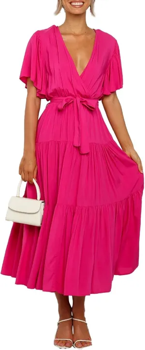 Pleated Dress for Women Formal Summer Short Sleeve A Line Dresses Tiered V Neck Spring Boho Wedding Dress with Belt