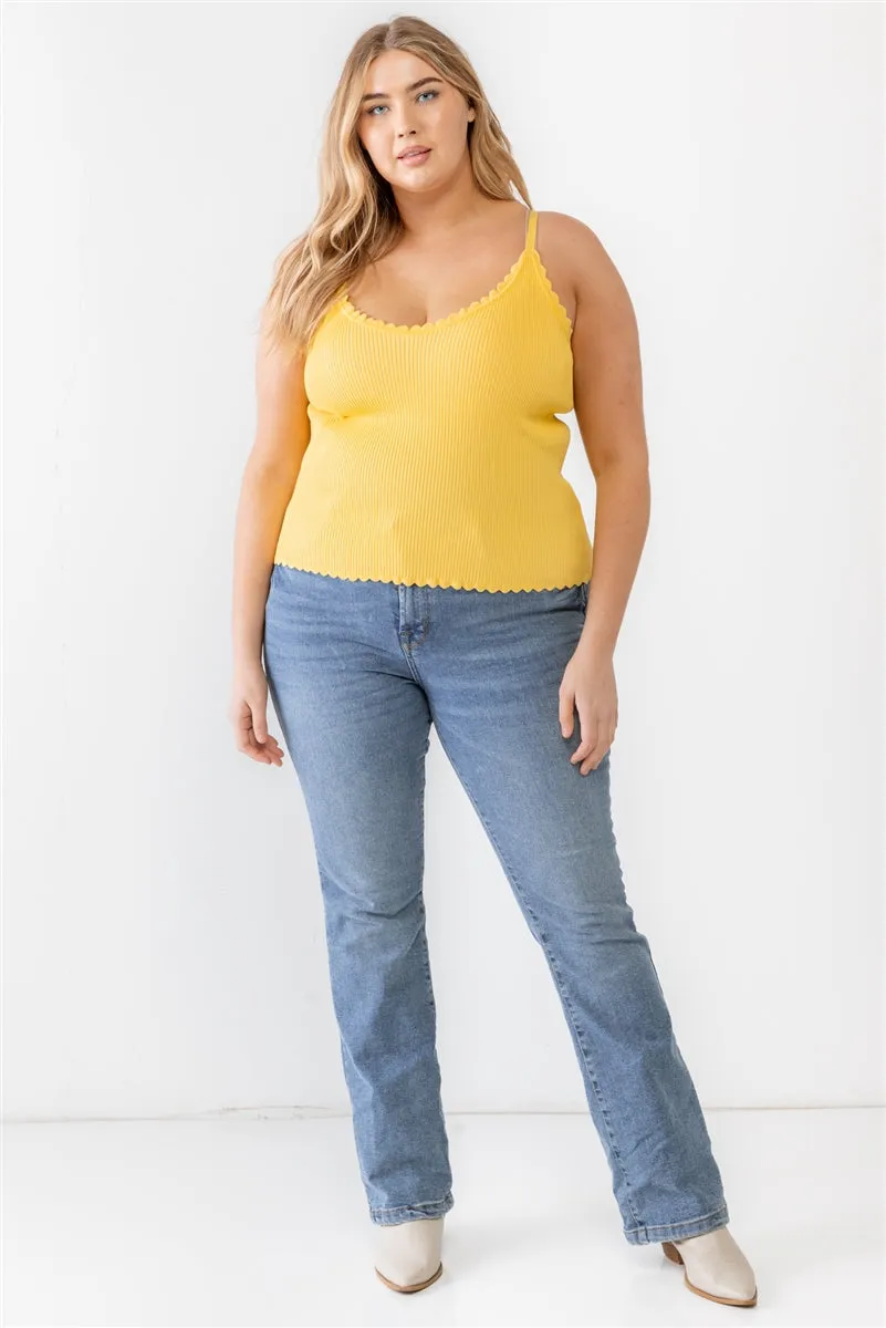 Plus Knitted Ribbed Ruffle V-Neck Sleeveless Top