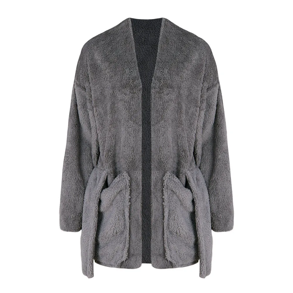 Polar Fleece Big Pocket Loose Solid Color Long Cardigan Coat