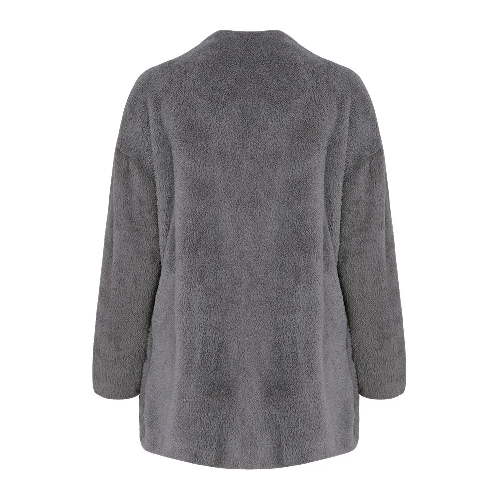 Polar Fleece Big Pocket Loose Solid Color Long Cardigan Coat