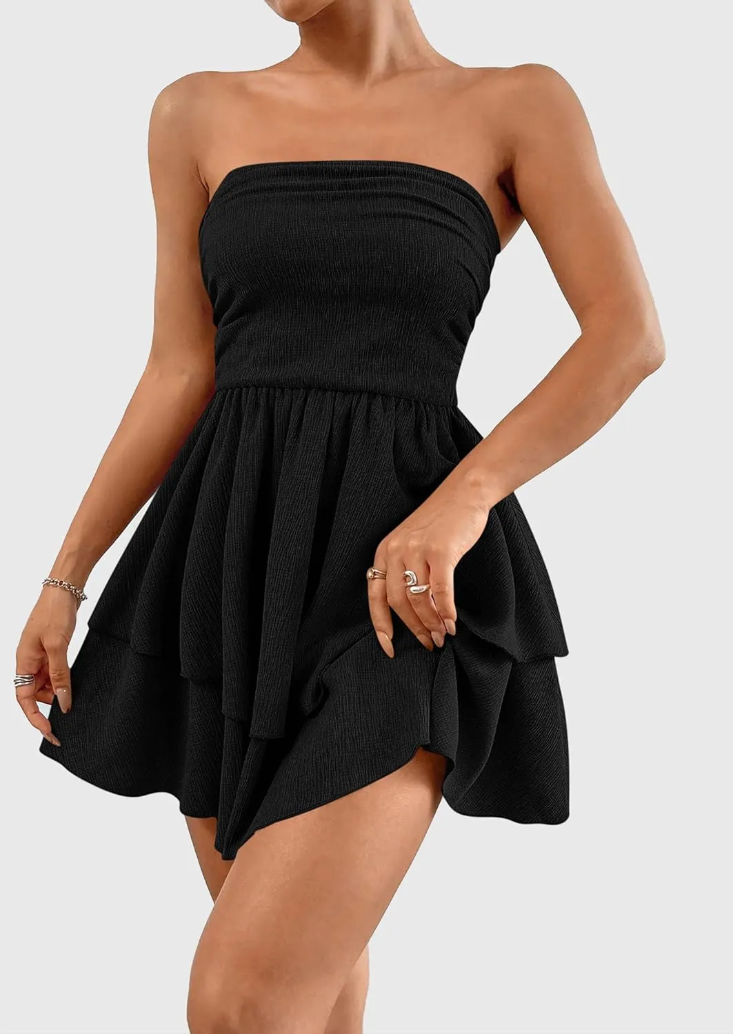 PRETTYGARDEN Women's 2025 Summer Strapless Tube Mini Dress Off Shoulder Smocked Ruffle A Line Flowy Short Party Club Dresses