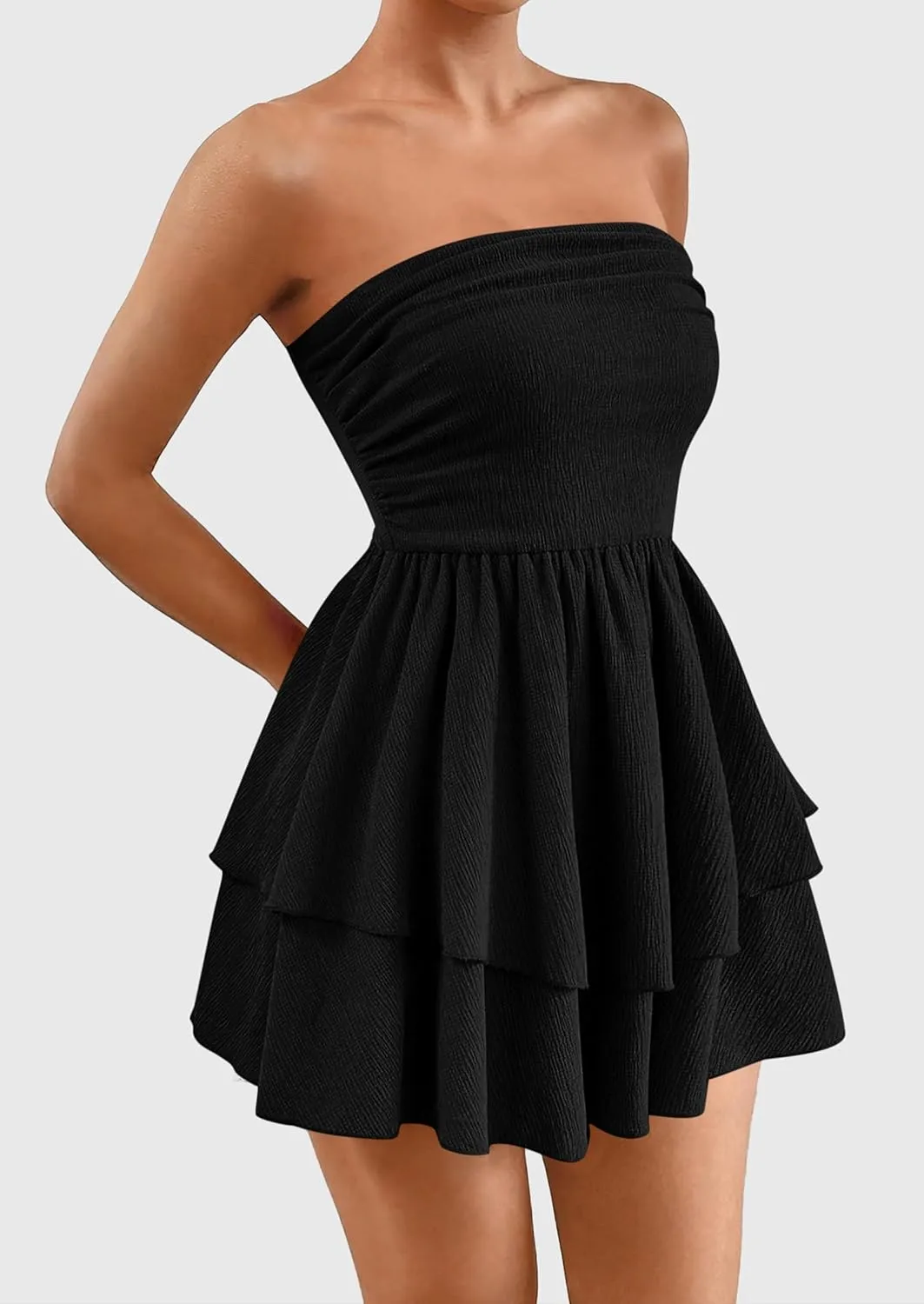 PRETTYGARDEN Women's 2025 Summer Strapless Tube Mini Dress Off Shoulder Smocked Ruffle A Line Flowy Short Party Club Dresses