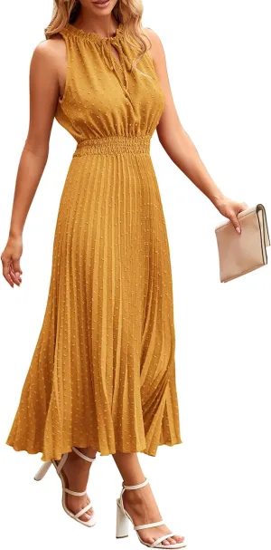 PRETTYGARDEN Women's Midi Summer Dresses Casual V Neck Swiss Dot Ruffle Sleeveless A Line Beach Sun Dress