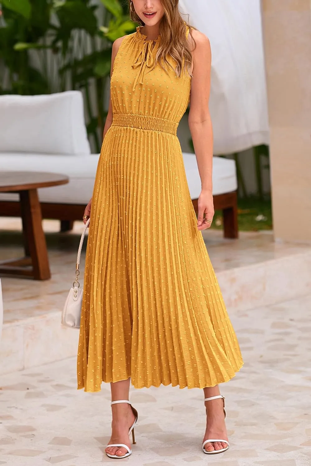 PRETTYGARDEN Women's Midi Summer Dresses Casual V Neck Swiss Dot Ruffle Sleeveless A Line Beach Sun Dress
