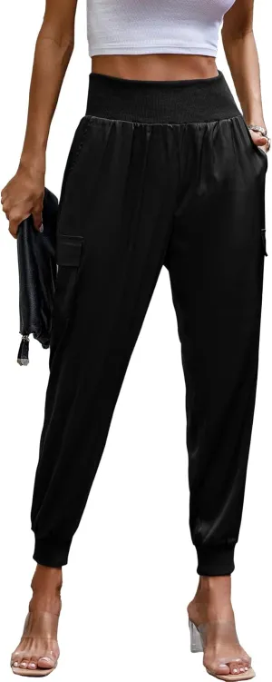 PRETTYGARDEN Women's Satin Jogger Pants Casual Dressy High Waist Long Lounge Pant Trousers Summer Outfits with Pockets