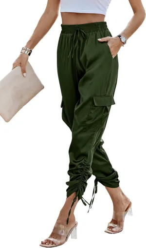 PRETTYGARDEN Women's Satin Jogger Pants Casual Dressy High Waist Long Lounge Pant Trousers Summer Outfits with Pockets